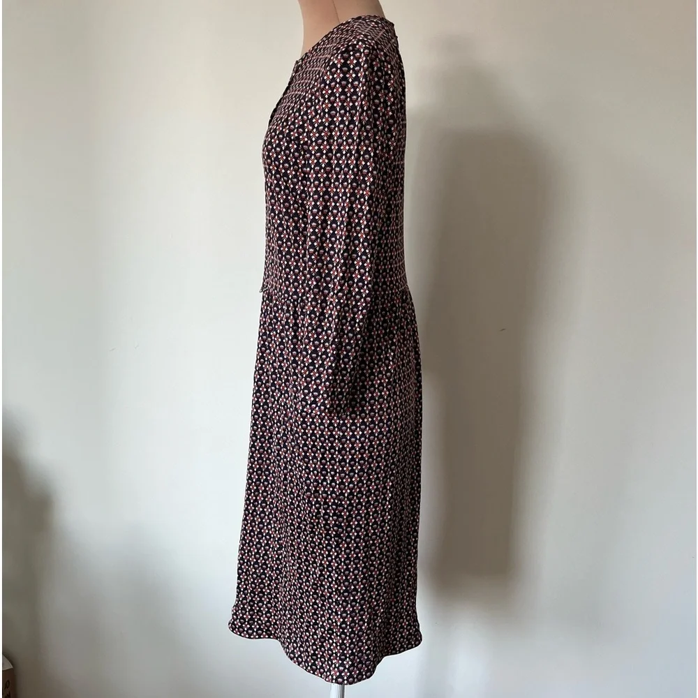 Tory Burch Three Quarter Sleeve Navy Blue Red Floral Printed Silk Dress EUC XS